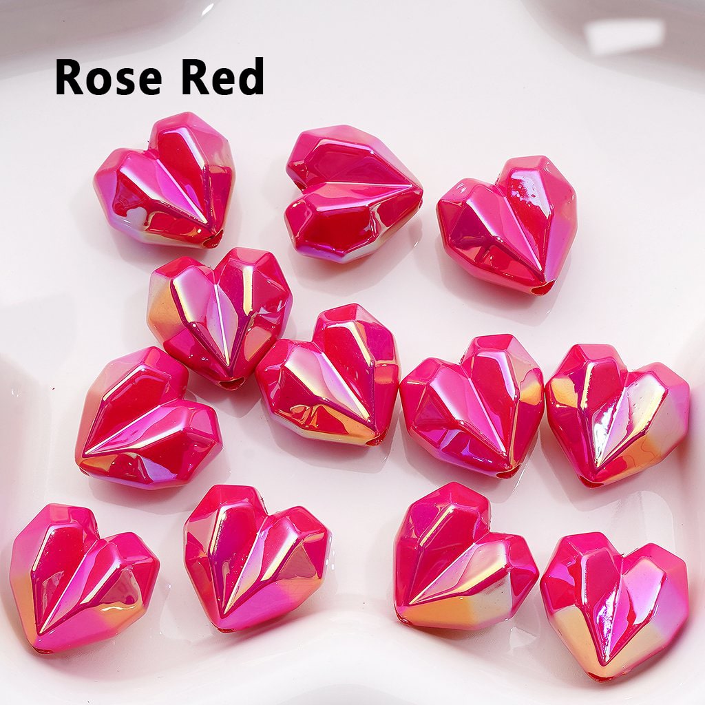 Geometric Heart Acrylic Beads – 16x18MM UV Coated Polyhedron Design, Random Color Mix