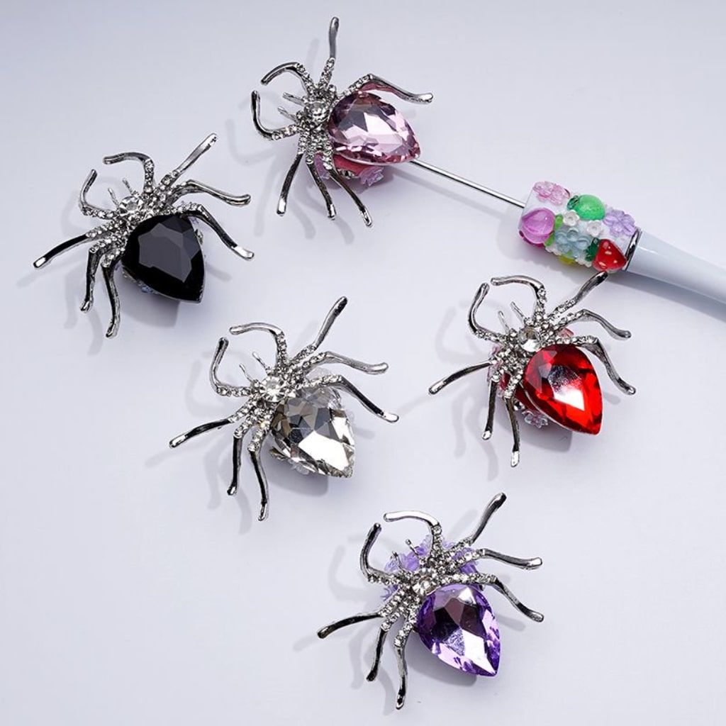 Silver Alloy Exquisite Fancy Spider with Large Colorful Rhinestone Inside Mini Clear Rhinestones Shiny Flowers Hearts White Pearls Clay Beads, Around 57*47MM