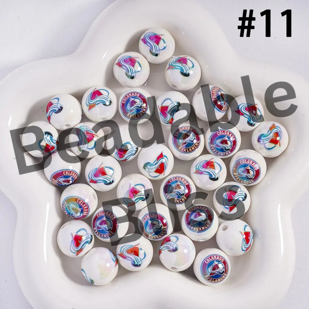 Acrylic Beads for Bracelets |  Round with UV Coating Ice Hockey Team Pattern, 16MM