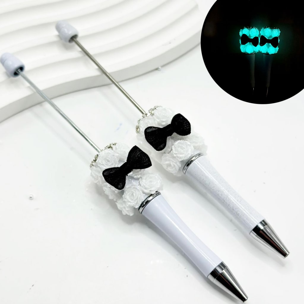 Luminous Small Flowers Clear Rhinestone Chain with Black Bowtie Adorable White Beadable Pen