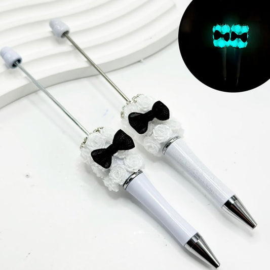 Luminous Small Flowers Clear Rhinestone Chain with Black Bowtie Adorable White Beadable Pen