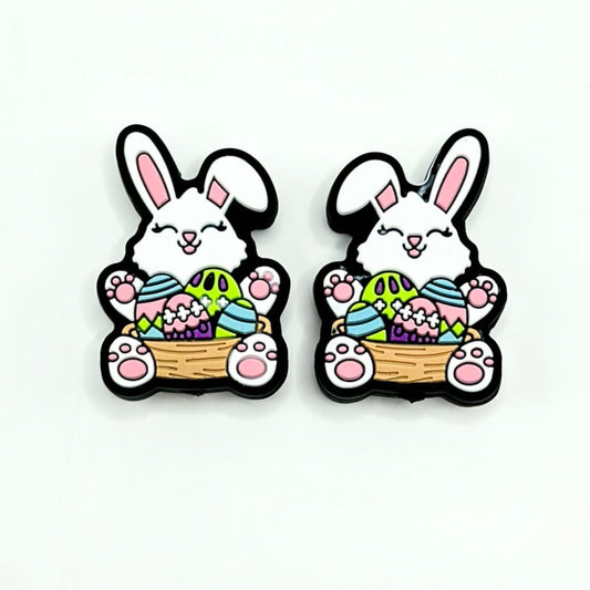 Bunny Rabbit Holds a Basket Colorful Eggs Inside Easter Cute White Silicone Focal Beads