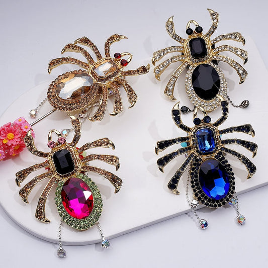 Gold Alloy Spider Bling Fancy Brooch with Sparkling Rhinestones Charming Chains Butterflies Hearts Moon Snowflakes and Colorful Clay Beads Approximately 69x63mm