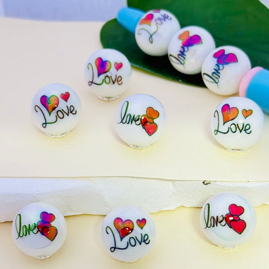 Red Hearts Love White Round UV Finish Acrylic Beads, 16MM, Random Mix