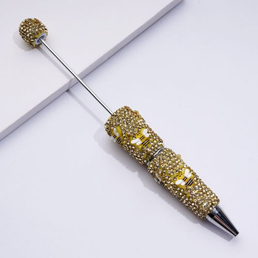 Beadable Clay Pens with Little Cute Yellow Bee Gold Color Rhinestones Covered the Entire Pen