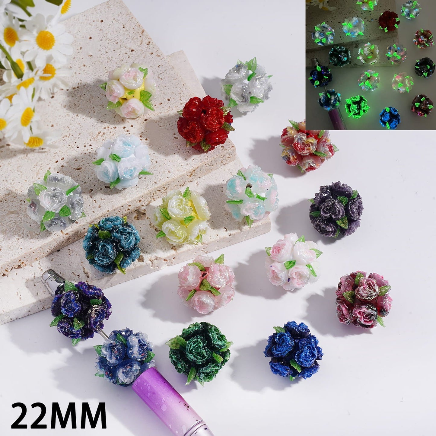 Luminous Heart-Shaped Rose Flowers and Leaves Round Clay Beads 22MM Random Mix