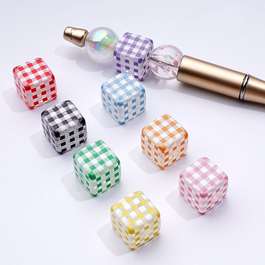 Pastel Checkered Cube Beads – Transparent Acrylic Squares, 14MM