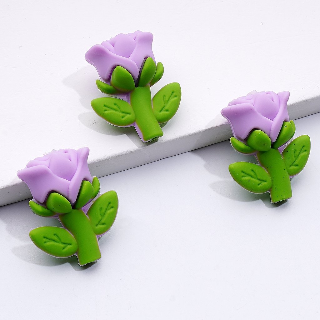 3D Rose Flower Silicone Focal Beads – Cute Multicolor Design in Red, Purple, Pink & Yellow