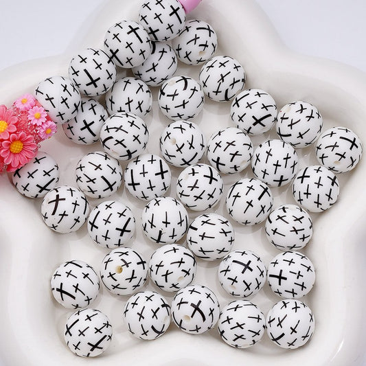 Elegant Religious Cross Silicone Beads – Black Design with Christian Symbolism, 15MM