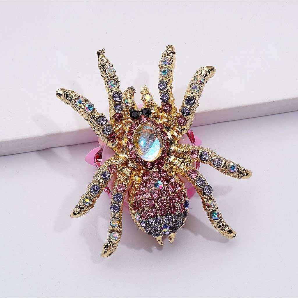 Elegant Gold Alloy Spider Pendant – Sparkling Rhinestones, White Pearls & Adorable Heart, Butterfly & Clay Bead Accents (Approx. 40×44MM)
