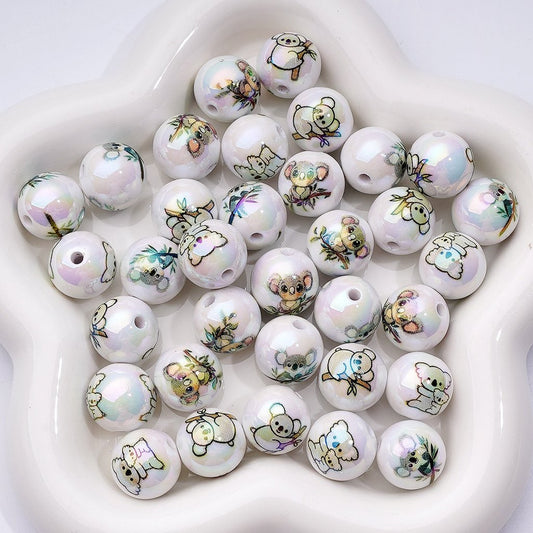 White Koala Themed Acrylic Beads with UV Shine 16MM Round Random Mix