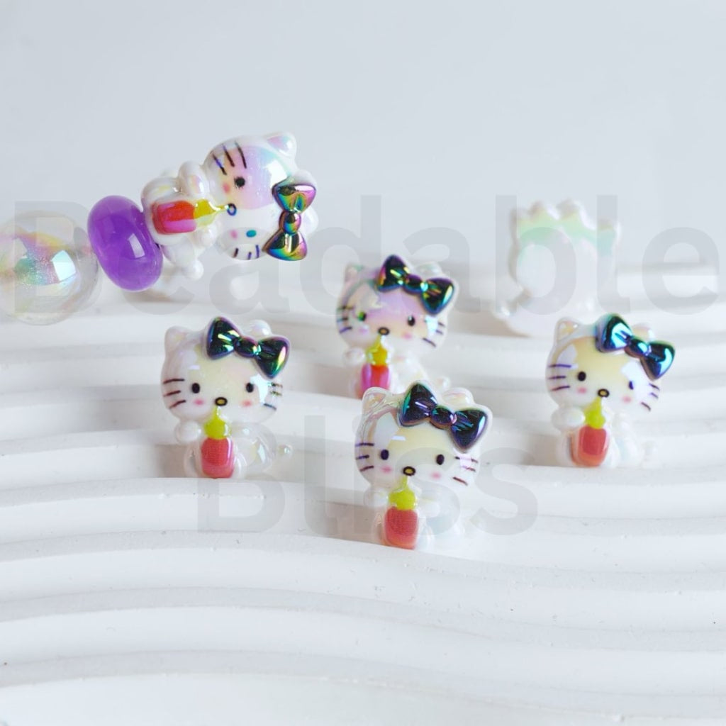 UV Coating Cute Cat Character Holds a Bottle Adorable Character Acrylic Beads, Around 20*25MM, Please Read the Description