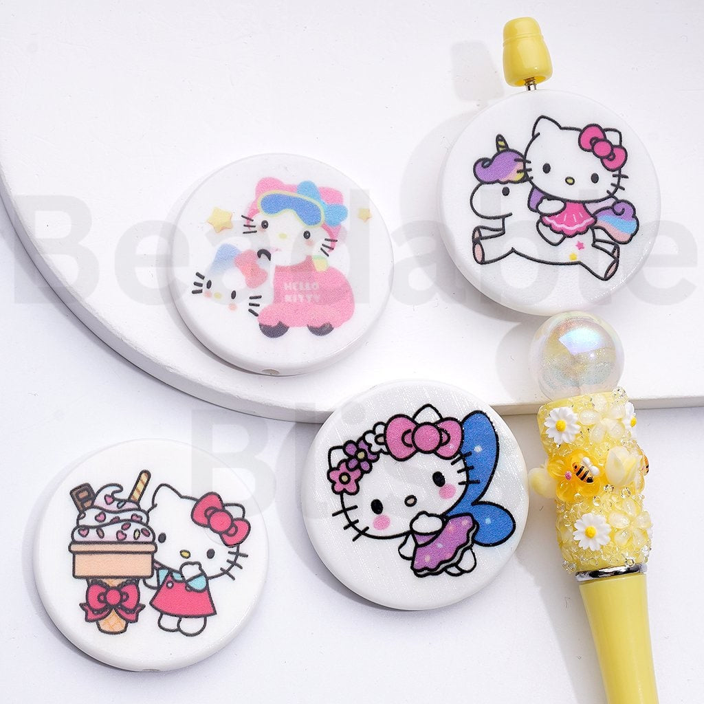 Cute Cat Character with Blue Wings Ice Cream Drives a Car Unicorn Adorable Character  Round Flat Acrylic Beads, Around 38MM