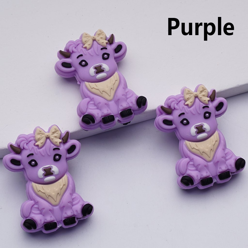 Highland Cow Silicone Focal Beads Cute Design with Bowknots & Farm Animal Theme