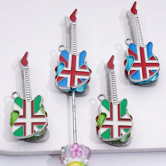 Silver Alloy Guitar Clay Beads Adorned with Shiny Rhinestones and Oval Pearls, Around 57*22MM