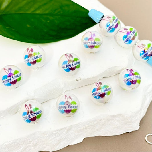 Colorful Eggs Bunny Rabbit Happy Easter UV Finish Glossy White Round Acrylic Beads, 16MM