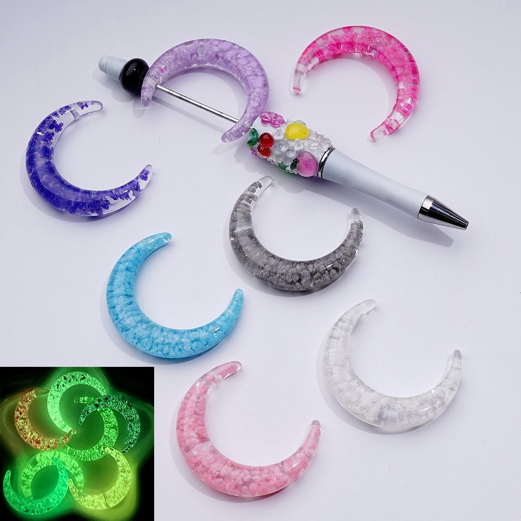 Luminous Cute Glitter Multi-Color Clouds Inside Clear Crescent Moon Acrylic Beads, Around 46MM