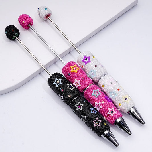 Beadable Clay Pens Covered with Colorful Shiny Rhinestones Mini Snow Balls and Cute Star Frames Along the Entire Pen
