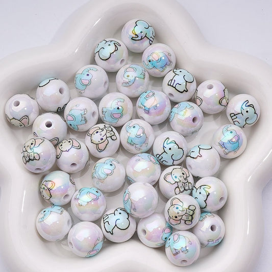 UV Gloss Elephant 16MM Round White Acrylic beads, Random Mix
