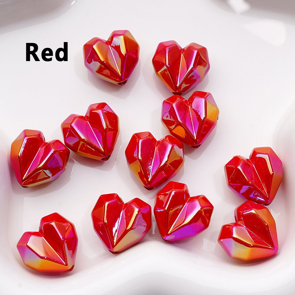 Geometric Heart Acrylic Beads – 16x18MM UV Coated Polyhedron Design, Random Color Mix