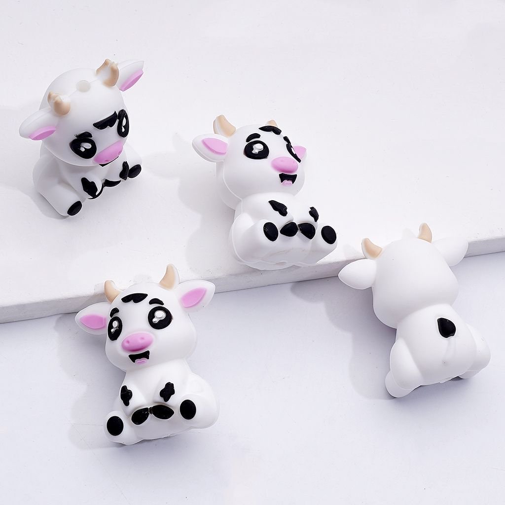 3D Cute Cow Charms in Multi-Color Farm Animal Silicone Focal Beads, Random Mix