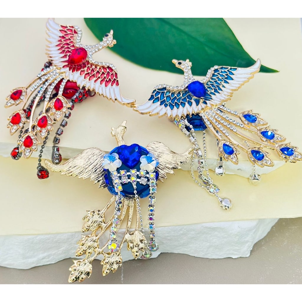 Clear Rhinestones, Shiny Rhinestones Chains, Delicate Fancy Gold Alloy Phoenix Bird with Water Drop, Butterfly, Heart, Flower Diamonds, and Clay Beads, Around 73*65mm