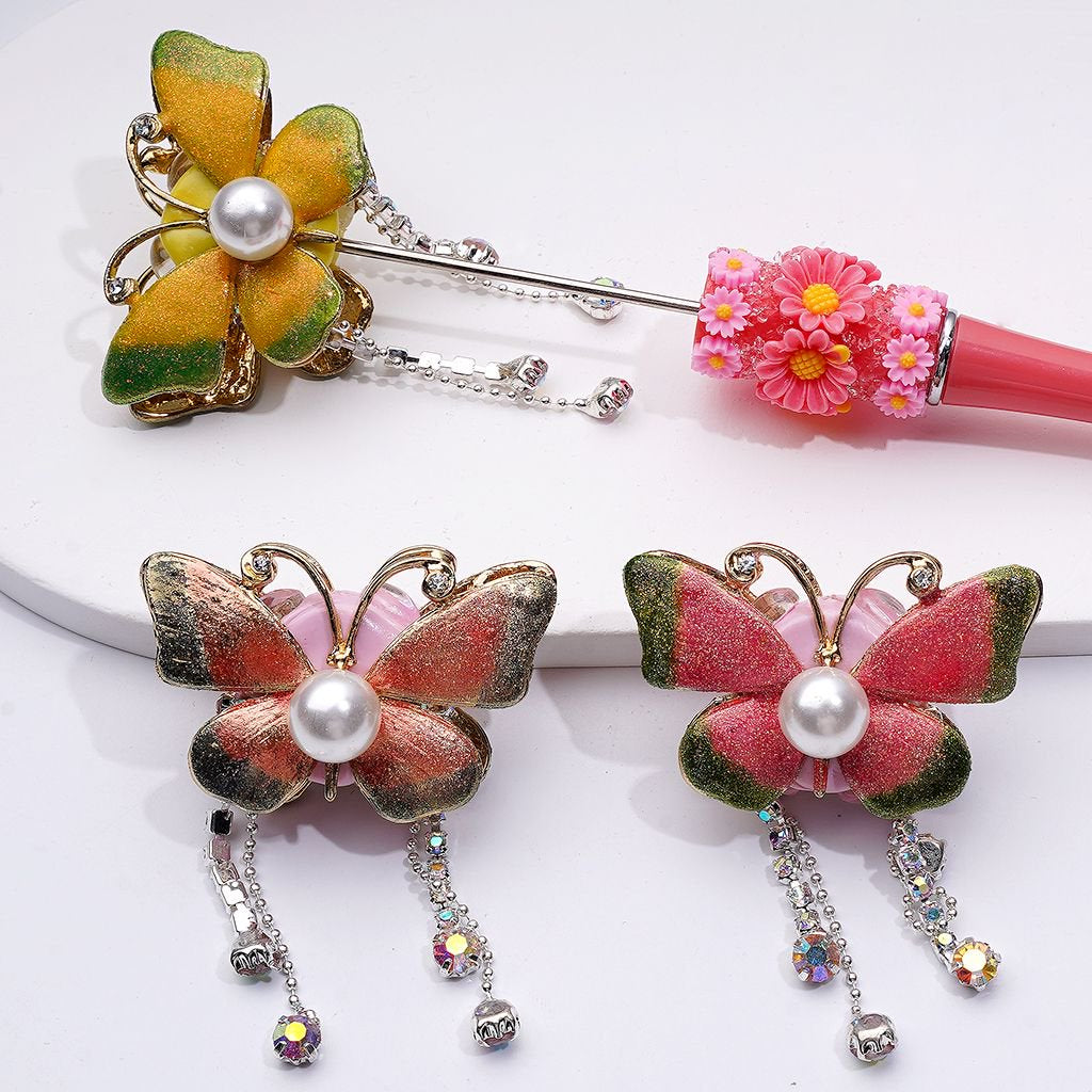 Delicate Fancy Gold Alloy Butterflies with Shiny Rhinestones Chains White Pearls Clay Beads, Around 46*26*26MM