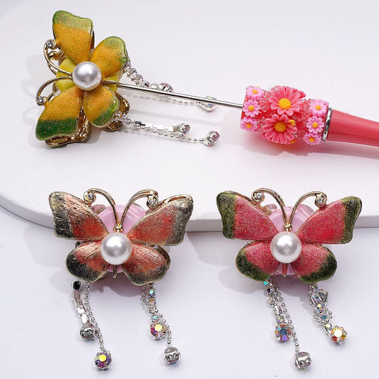 Delicate Fancy Gold Alloy Butterflies with Shiny Rhinestones Chains White Pearls Clay Beads, Around 46*26*26MM