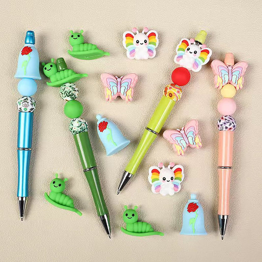 3D Cute Rose Flower, Bell, Butterfly & Green Caterpillar Silicone Focal Beads, Multi-Color