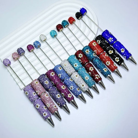 Beadable Clay Pens with Gold & Whith Flowers Shiny Colorful Rhinestones Covered the Entire Pen