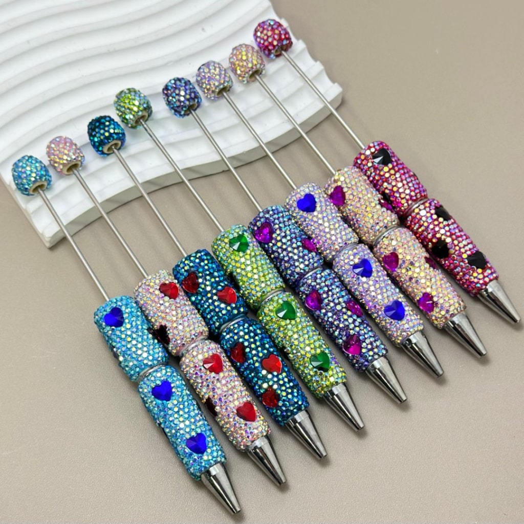 Colorful Hearts & AB Rhinestones Beadable Clay Pens Covering the Entire Pen