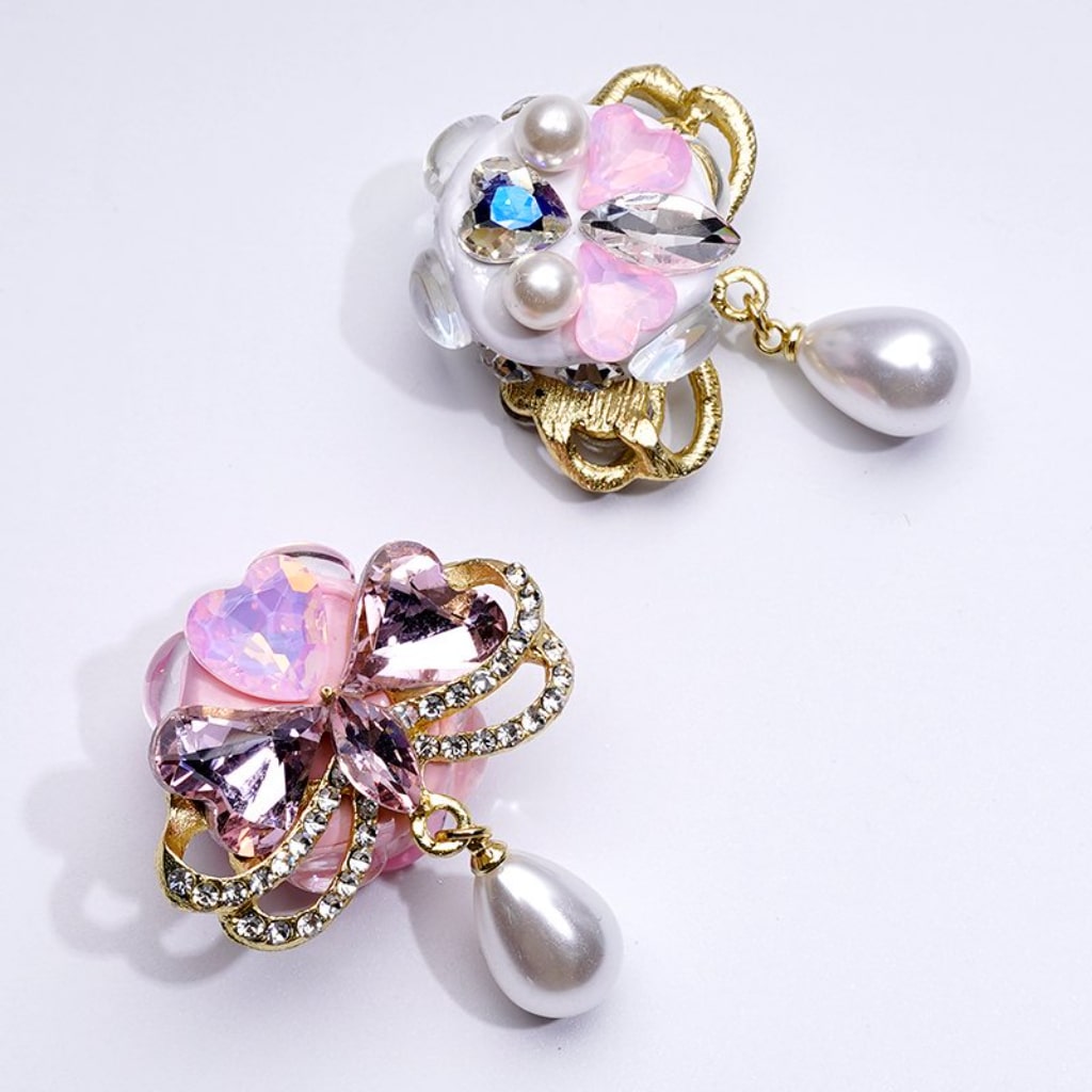 Gold Alloy Bling Bling Fancy Bows with Shiny Rhinestones Large White Pearls Pendants Shiny Hearts Clay Beads, Around 35*47MM
