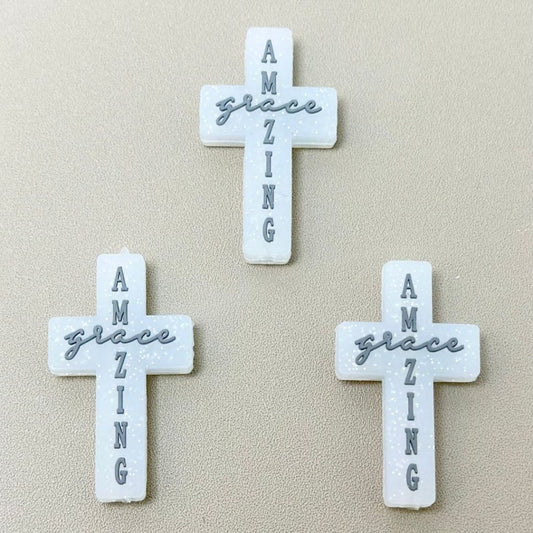 Cross Amazing Grace Christ Jesus Religion White Glitter Silicone Focal Beads