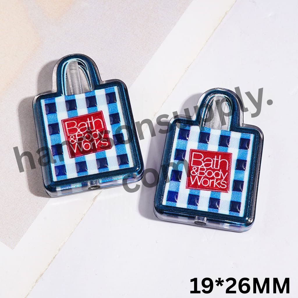 Charming Handbag with White Text, Red Square & Blue White Plaid Background Home Fragrance Theme Acrylic Beads, 19*26MM