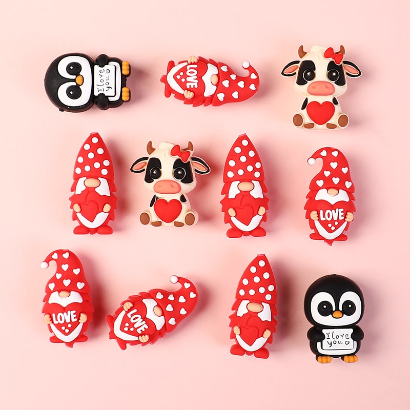 3D Cute Cartoon Penguin, Dwarf & Highland Cow Toy Valentines Day Series Silicone Focal Beads with Love Hearts