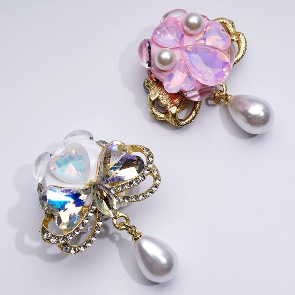 Gold Alloy Bling Bling Fancy Bows with Shiny Rhinestones Large White Pearls Pendants Shiny Hearts Clay Beads, Around 35*47MM