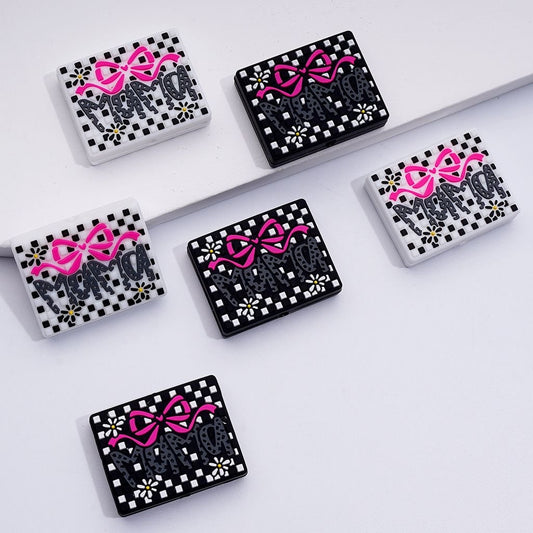 Charming Mini Rectangle Silicone Focal Beads Black & White Checkered with Red Bow & Floral Accents