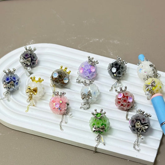 Mini Cute Flowers, Shiny Zircon Rhinestones, White Pearls, Fancy Bling Bling Silver Alloy Crown with Bowknot Chain Pendant, Around 23*20mm