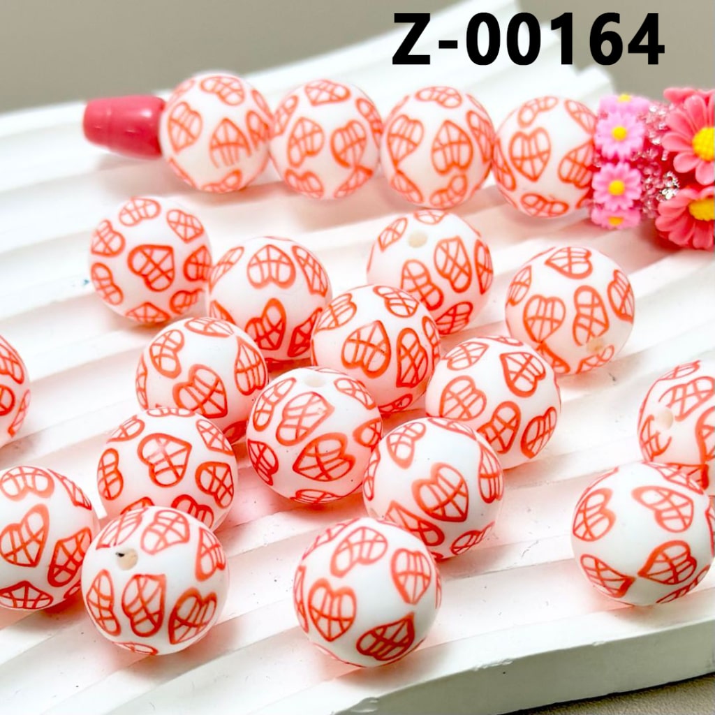 White Round Printed Red Heart Silicone Beads 15mm, Number Z-00164