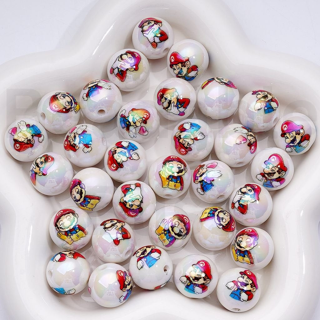 UV Coating Plumber Character Series White Round Acrylic Beads, 16MM, Random Mix