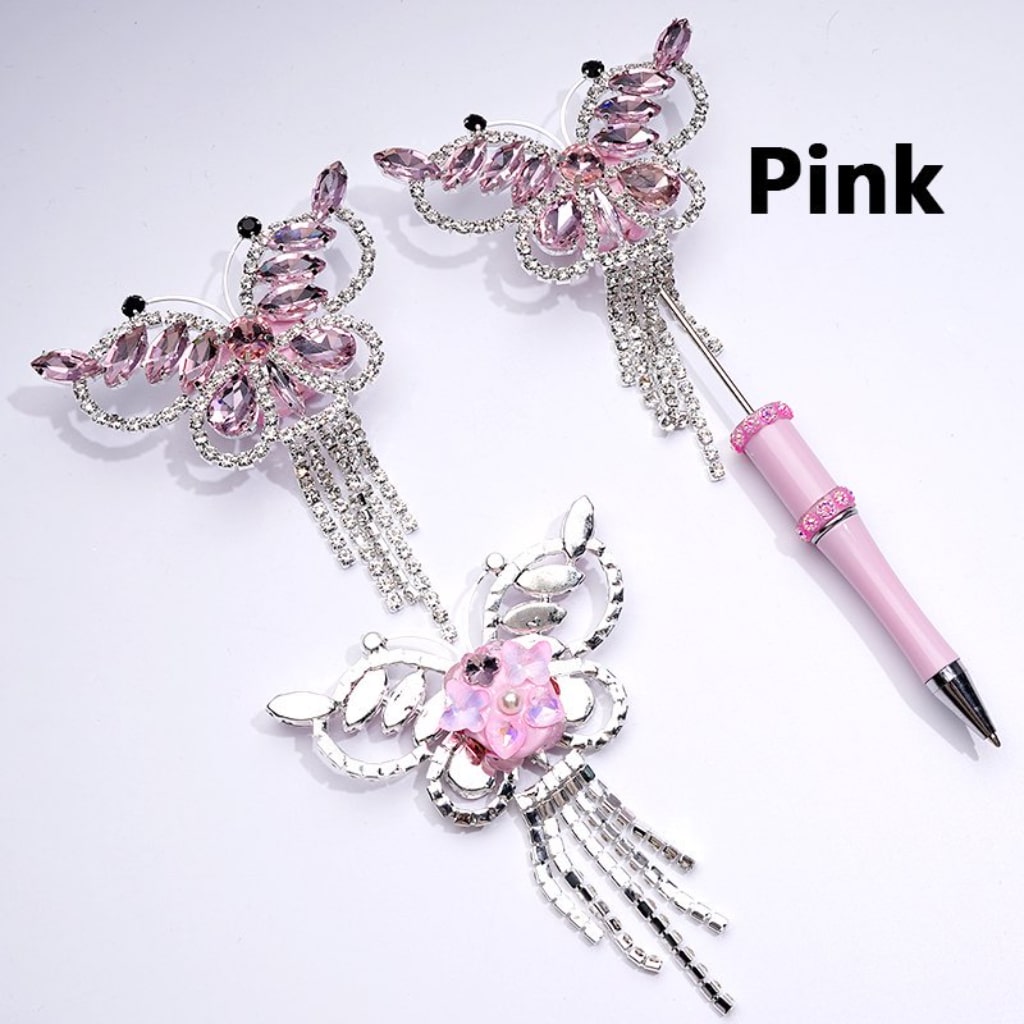 Glittering Silver Alloy Butterfly with Sparkling Rhinestones, Metal Chains & White Pearls Adorned with Hearts, Flowers & Clay Beads Approx. 79x108MM