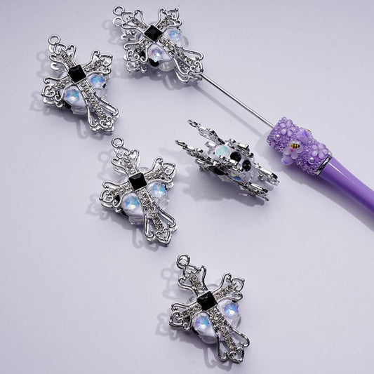 Sparkly Silver Cross Clay Beads with Clear Rhinestones and Star Accents, Approx. 54x38MM, Fancy Metal Alloy