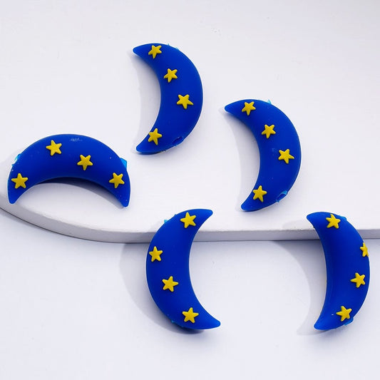 3D Blue Crescent Moon Silicone Focal Beads with Tiny Yellow Star Accents