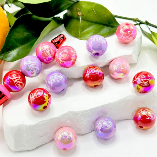 Pink Purple Red Heart UV Finish Acrylic Beads with Love Writing Valentines , 16MM