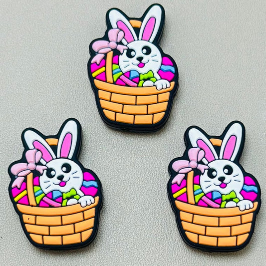 Colorful Eggs Easter with Little Cute White Bunny Rabbit Sits in a Basket Silicone Focal Beads