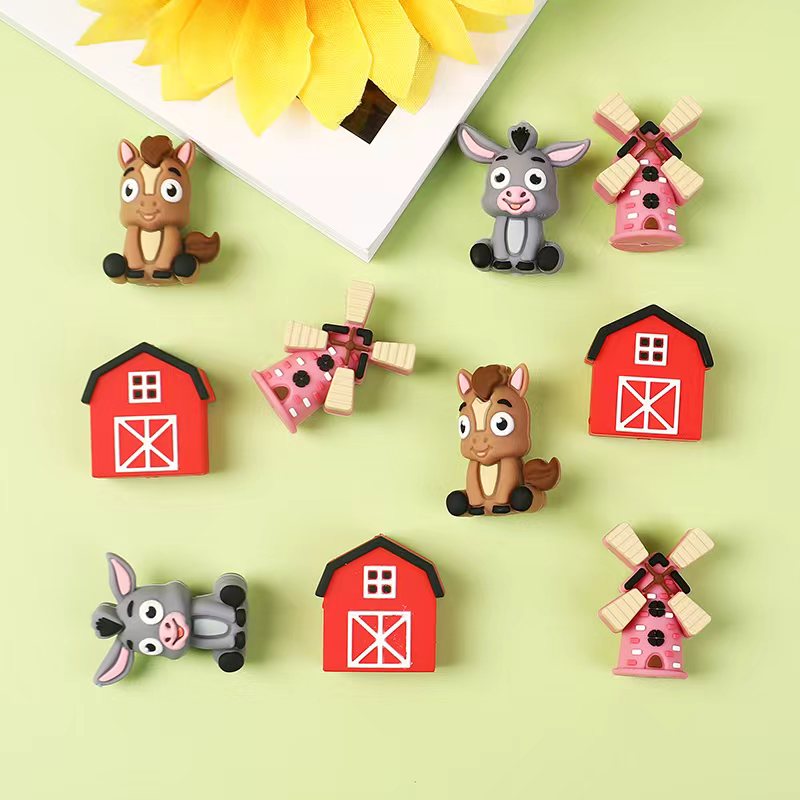 Red Meni Farmhouse Barn Charms with Black Trim and White Accents Silicone Focal Beads
