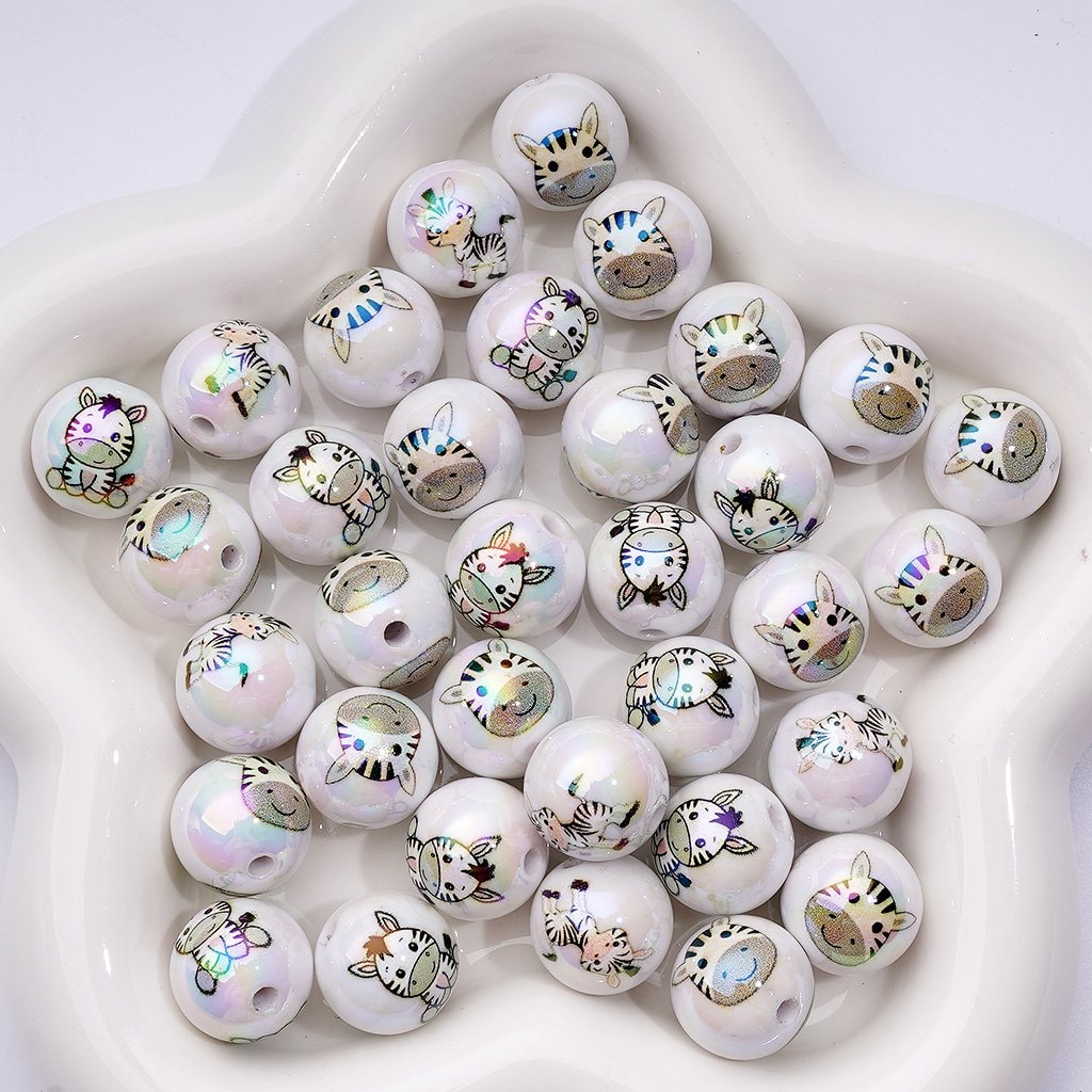Cute Zebra Print Acrylic Beads UV Coated White Round Mix, 16MM
