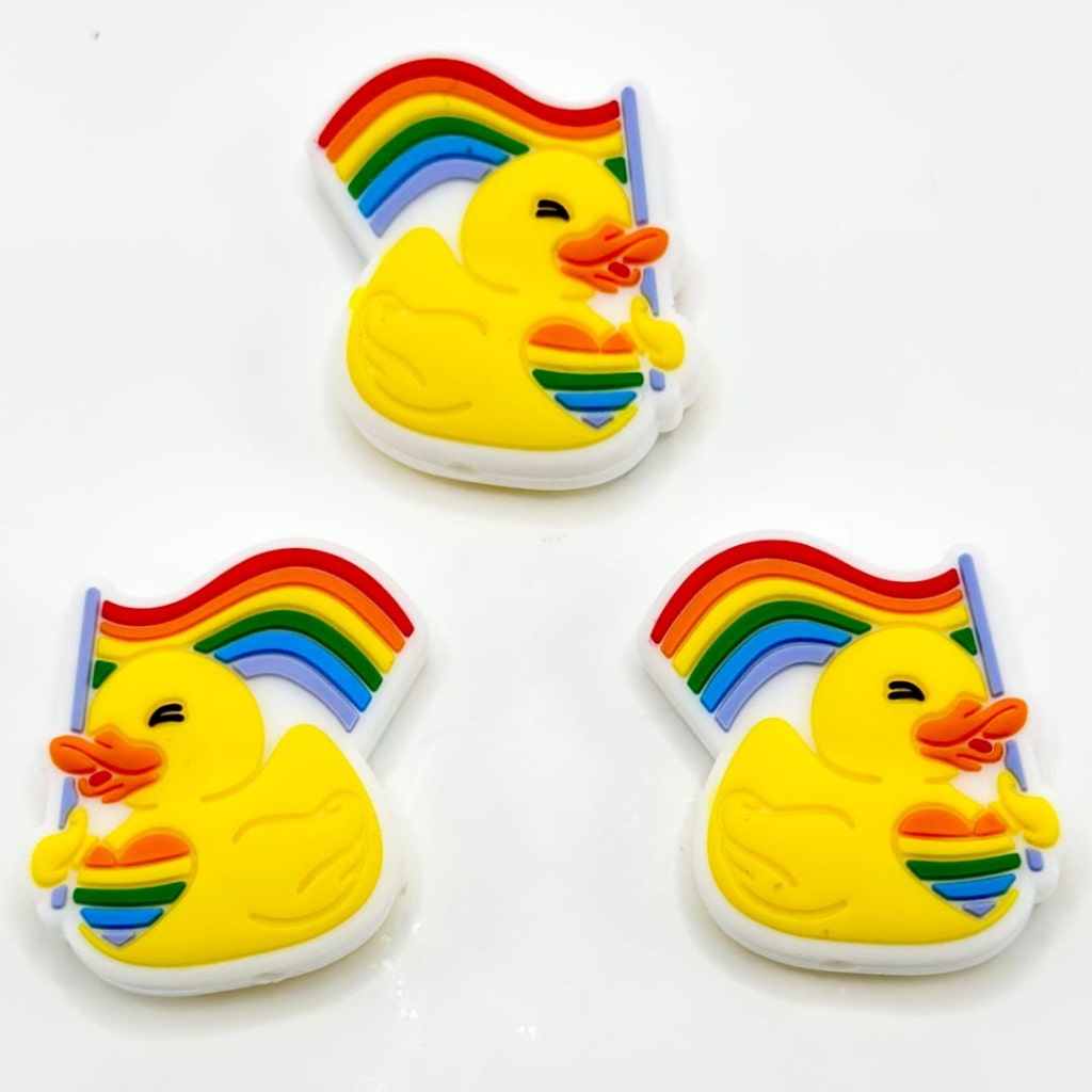 Yellow Duckling with a Rainbow Heart Holds a Rainbow Flag Little Cute Silicone Focal Beads