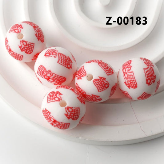Round Printed Ace of Hearts White Silicone Beads 15mm, Number Z-00183