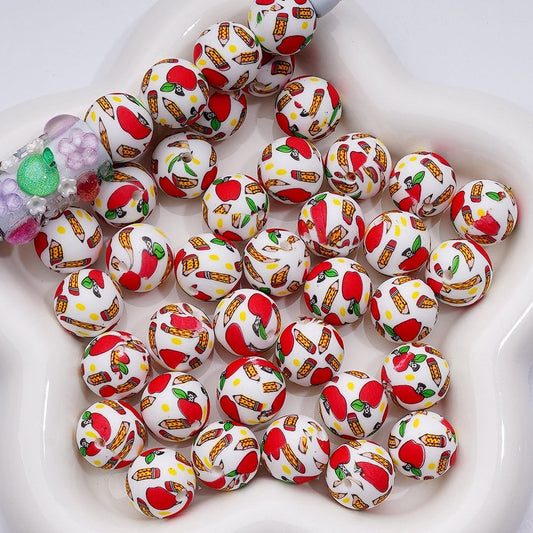 Teacher Apple & Pencil Silicone Beads – White Printed 15MM Charm, Z-00234